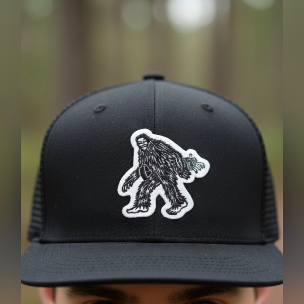 True Canvas 5 Panel Snapback Black Perforated Cap with Squatch Golfer‎
